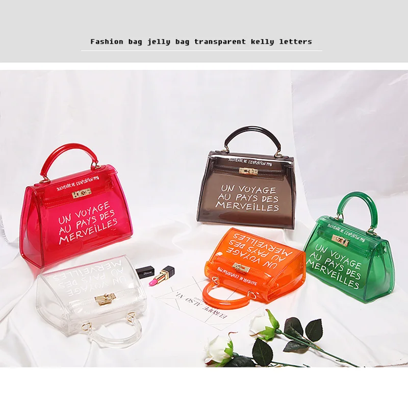 

Printed Letter PVC Jelly Clear Transparent High Street Shoulder Lady Bags Women Candy Color Handbag Fashion Girl bags