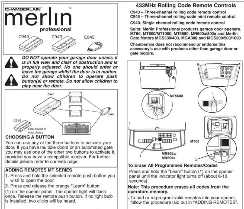 MERLIN+ c945, c943, c940, cm842, cm844, cm128 Замена гаражной двери пульт дистанционного управления