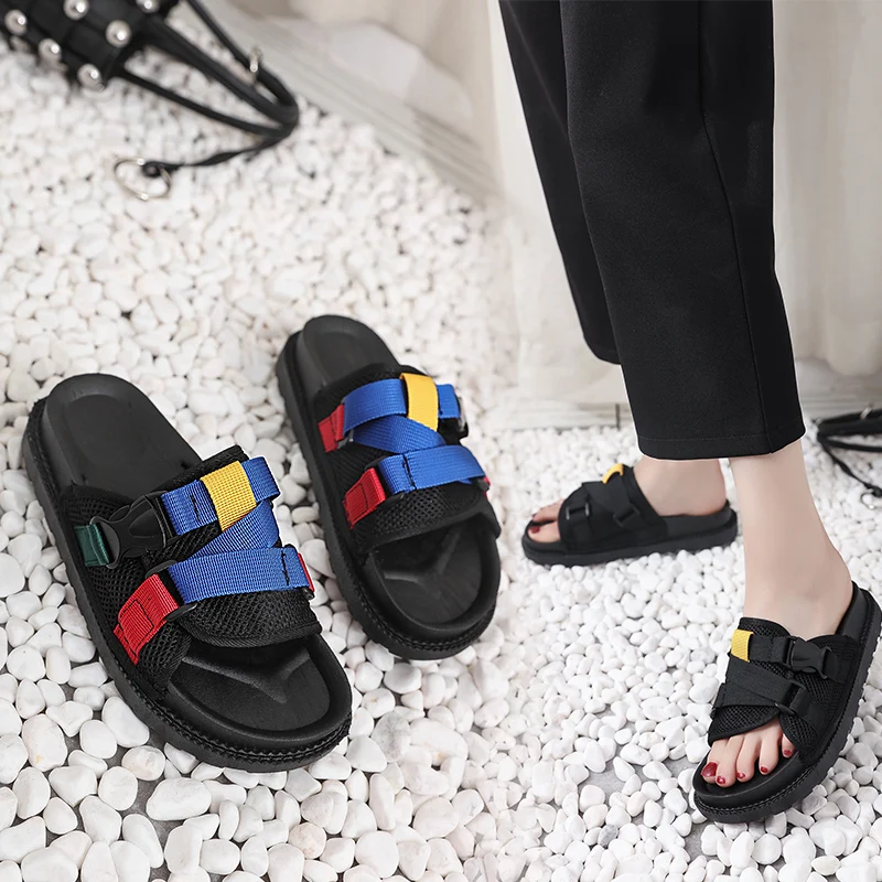 

leisure plus size open toe slippers summer breathable mesh two straps buckle slides man and women lovers beach flip flops shoes