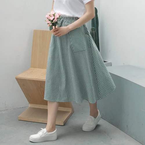 leather skirt Spring Summer Women Vertical stripes Skirts Casual Loose Cotton Linen Female With Pockets Vintage Elastic waist lacing Skirts tennis skirt outfits