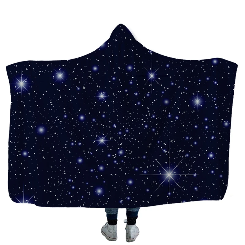 

Starry Sky Universe Printed Hooded Blanket Sherpa Fleece Mandala Winter Warm Sofa Adult Wearable Throw Blanket Bedroom Home Deco