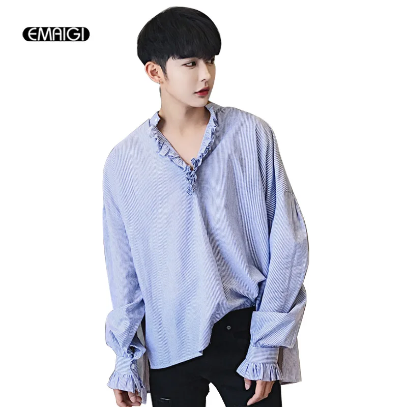 Lace V -neck Men Women Stripes Casual Cotton Shirt Fashion Show Oversize Loose Male Long Sleeve Shirts