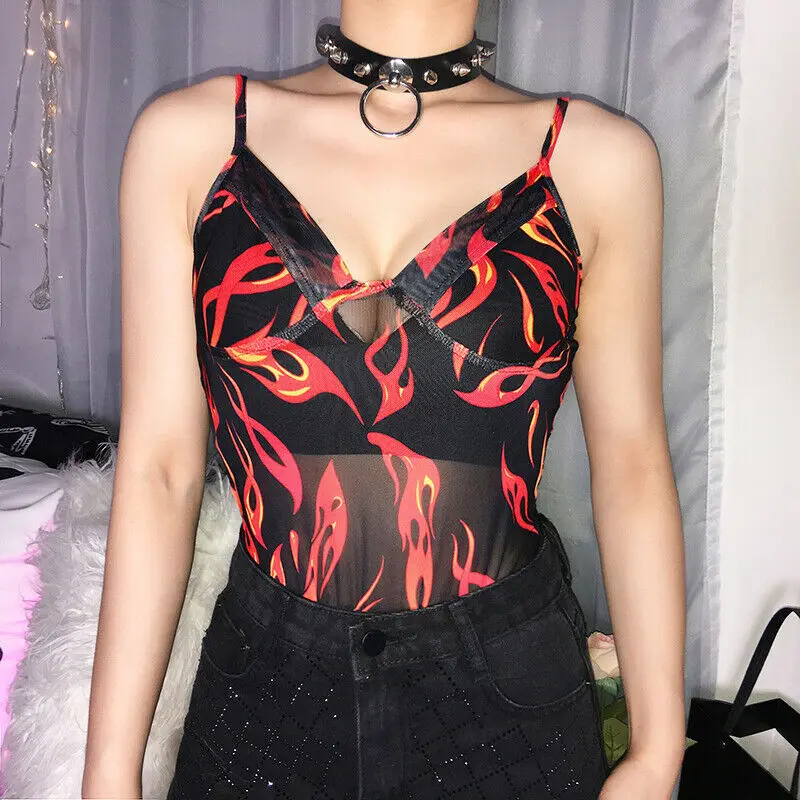 

US Women Summer Mesh Bodysuit Leotard Bodycon Bandage Jumpsuit Romper Flame Tops