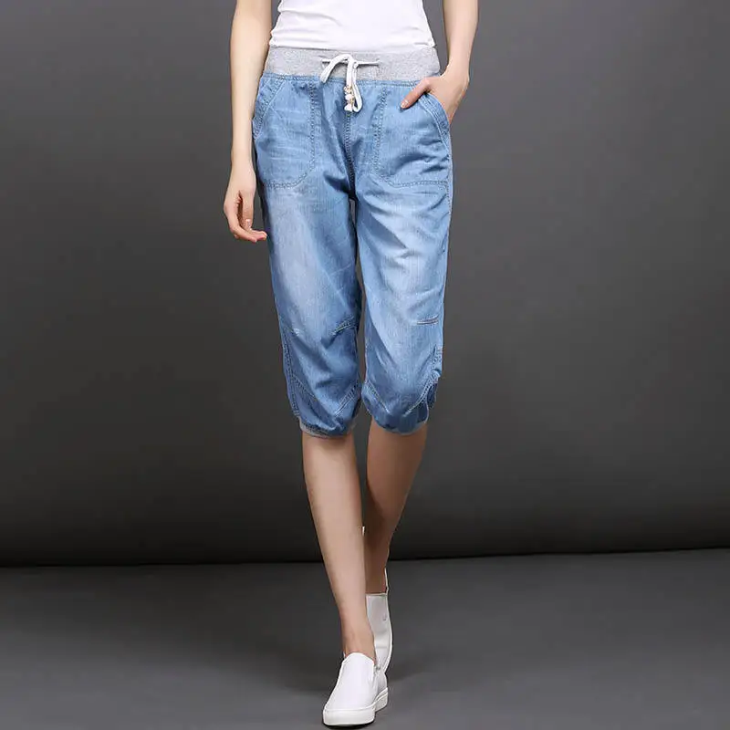 Slim Woman Short Denim Summer Knee Length Capri Jeans Plus Size Mom Jeans Elastic Waist Thin Women Harem Pant Jean Push Up Denim