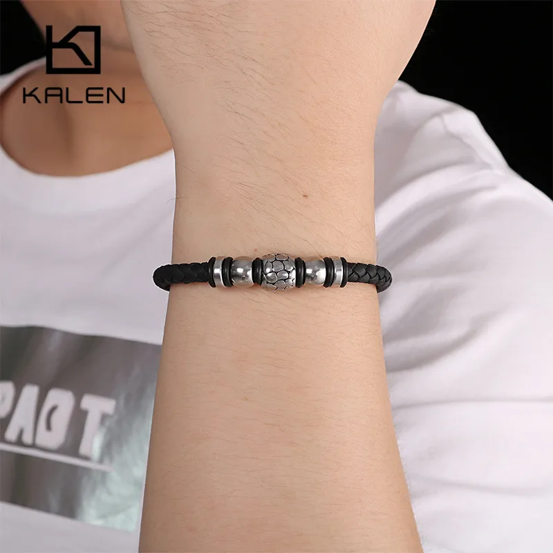KALEN Boho Genuine Braied Leather Wrap Bracelet Men 21.5cm Stainless Steel Gold Silver Black Beads Charm Wristband Male Jewelry