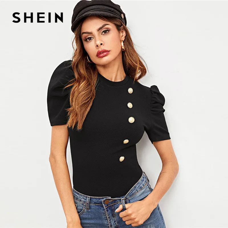 SHEIN Однотонный Топ С Коротким Рукавом И Пуговицами Стильная Блузка