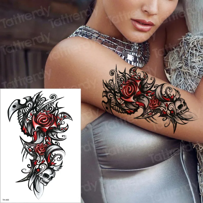 Временные татуировки и боди-арт Хэллоуин тату-рукава тату красная Черная роза татуировка в виде черепа для девочек сексуальные татуировки