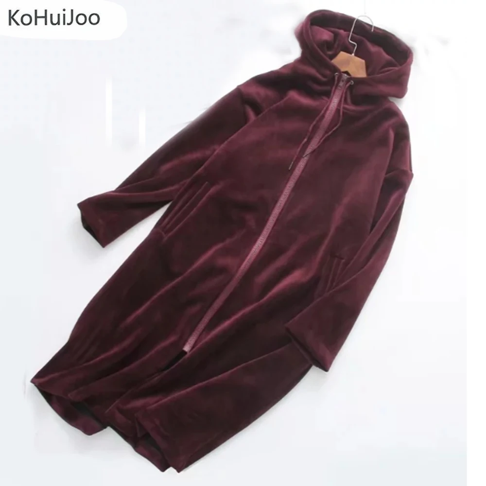 Женская Длинная толстовка на молнии KoHuiJoo толстая Вельветовая с капюшоном