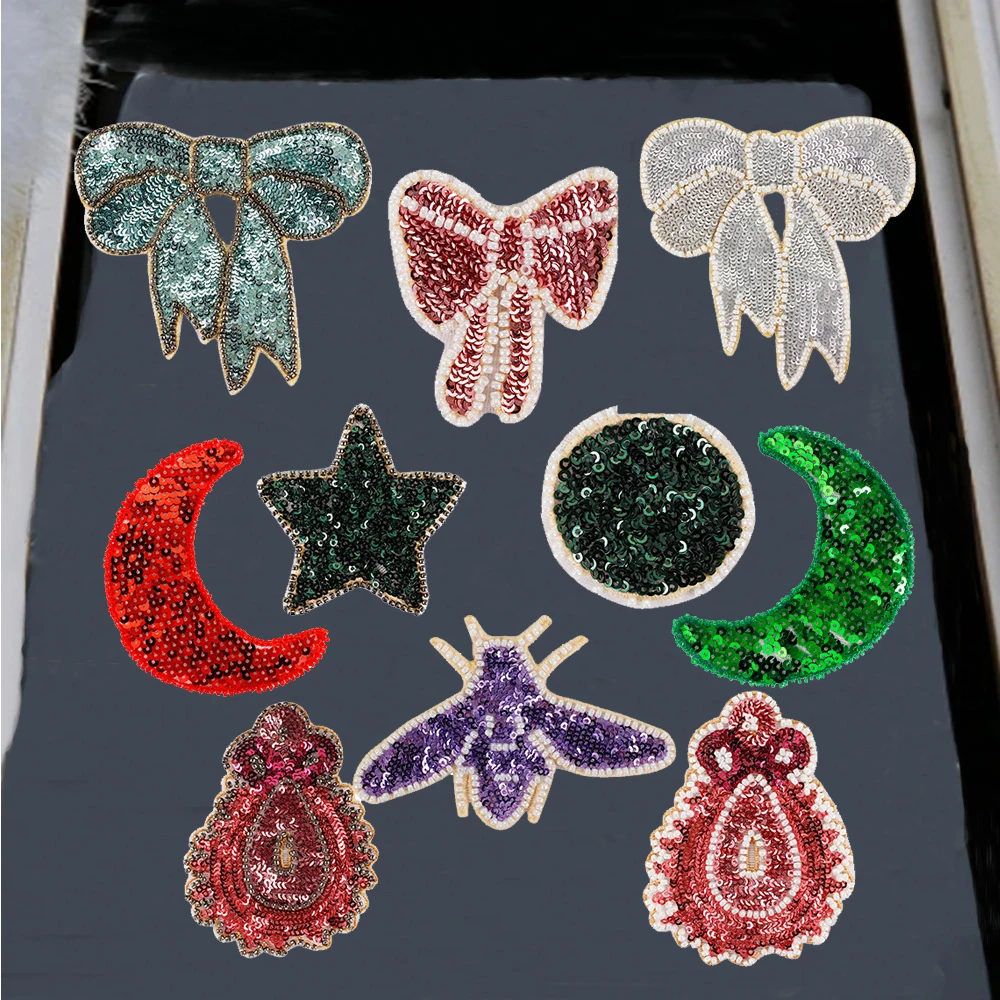 

Small Star Moon Round Bow Waterdrop Embroidery Sequin Bead Patch Clothing Sew on Clothes Jeans Applique Clothes Badge 5pc TH1604