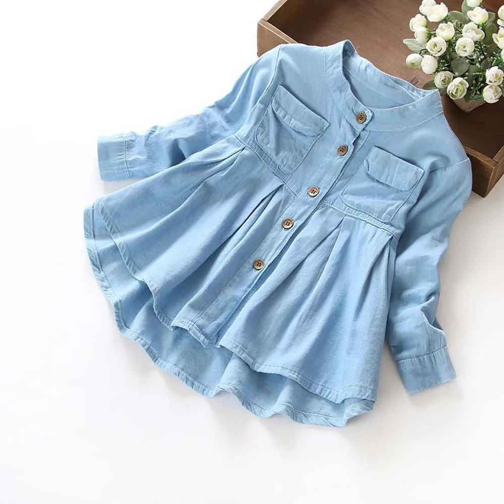Детская джинсовая рубашка с длинными рукавами и складками для маленьких девочек, детская одежда, Ropa Ninas Ubrania Dla Dziewczynek