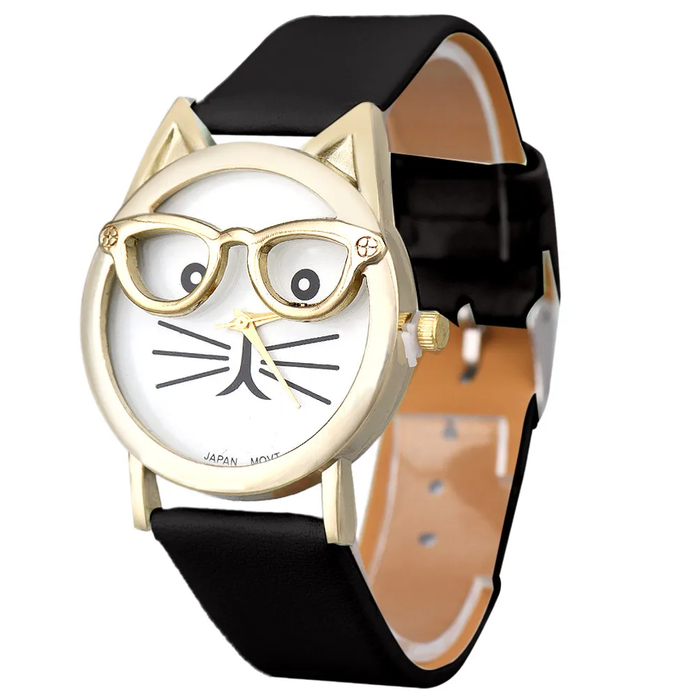 Лидирующий бренд, модные часы с котом и очками, повседневные женские кварцевые часы, Relogio Feminino, кожаный ремешок, новинка,, montre Reloj Muje999