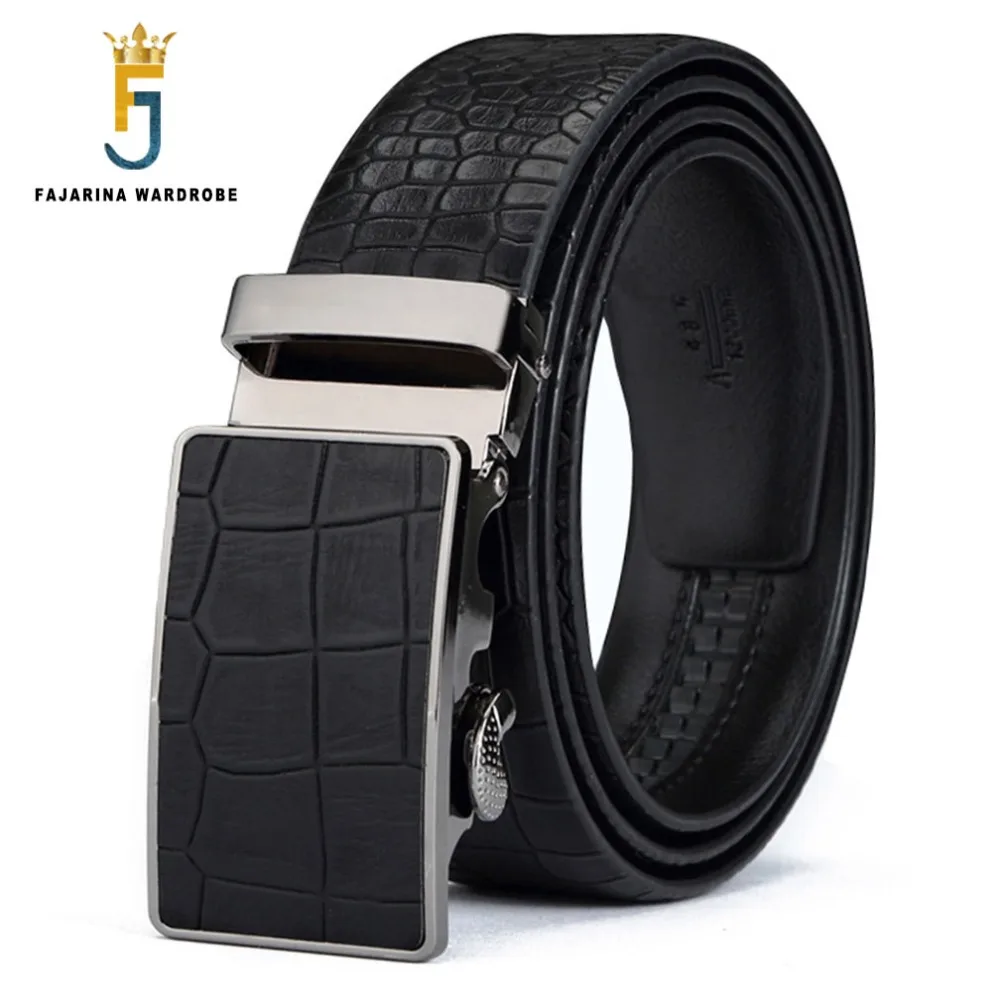 FAJARINA Quality Men's Cowhide Crackle Pattern Genuine Leather Automatic Blue Belts Mens 3.5cm Width Belts for Men N17FJ133