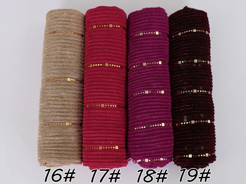 ZFQHJJ 10pcs/lot Women Sparking Shiny Sequin Gold Silk Yarn Muslim Hijab Scarf Shawls Head Scarfs Wraps Party Wedding Hijabs