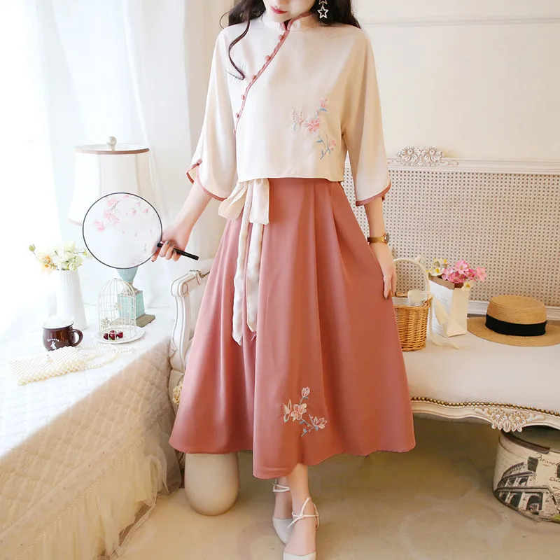 Цветочной вышивкой китайский Hanfu одежда супер фея из двух частей Улучшенный