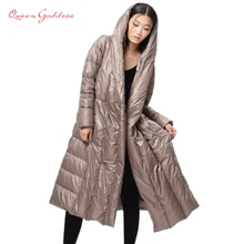 Зимний женский 90% белый утиный пух стиль светильник ультра-длинный пуховик большой размер S-7XL