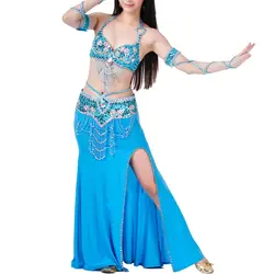 Новый живота Танцы костюм 3 шт. бюстгальтер и пояс и юбка сексуальные Танцы женщин Танцы комплект одежды живота Танцы одежда 700 # озеро синий