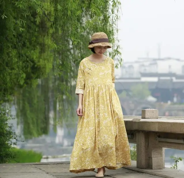 Elegant Lady Frog Button High Waist Pleated Large Hem Pure Cotton Dress