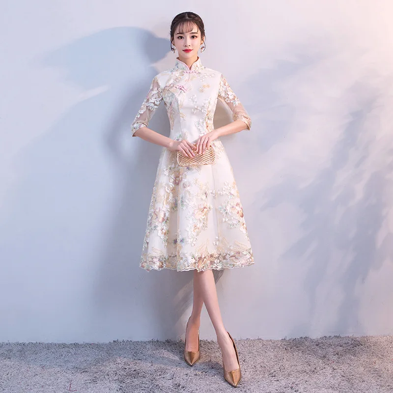 Традиционные китайское платье Qipao женские вечерние платья Винтаж Cheongsam для женщин невесты Короткие Шампанское кружево современный платье