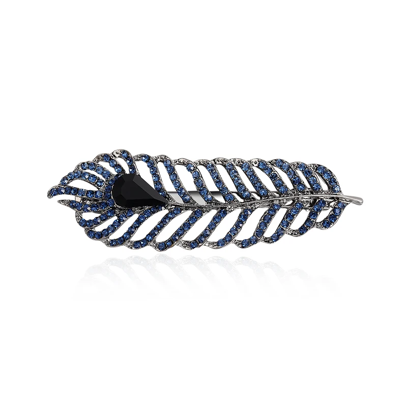 

CHIMERA Women Crystal Feather Hair Pins Alloy Springs Clip Elegant Blue Barrettes Leaf Bobby Pin Headdress Ornament Accessories