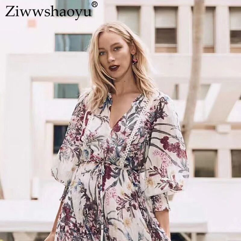 

Ziwwshaoyu Beach Vacation Print Chiffon dresses O-Neck Hollow Out Draped fashion Slim dress Spring and summer new women's