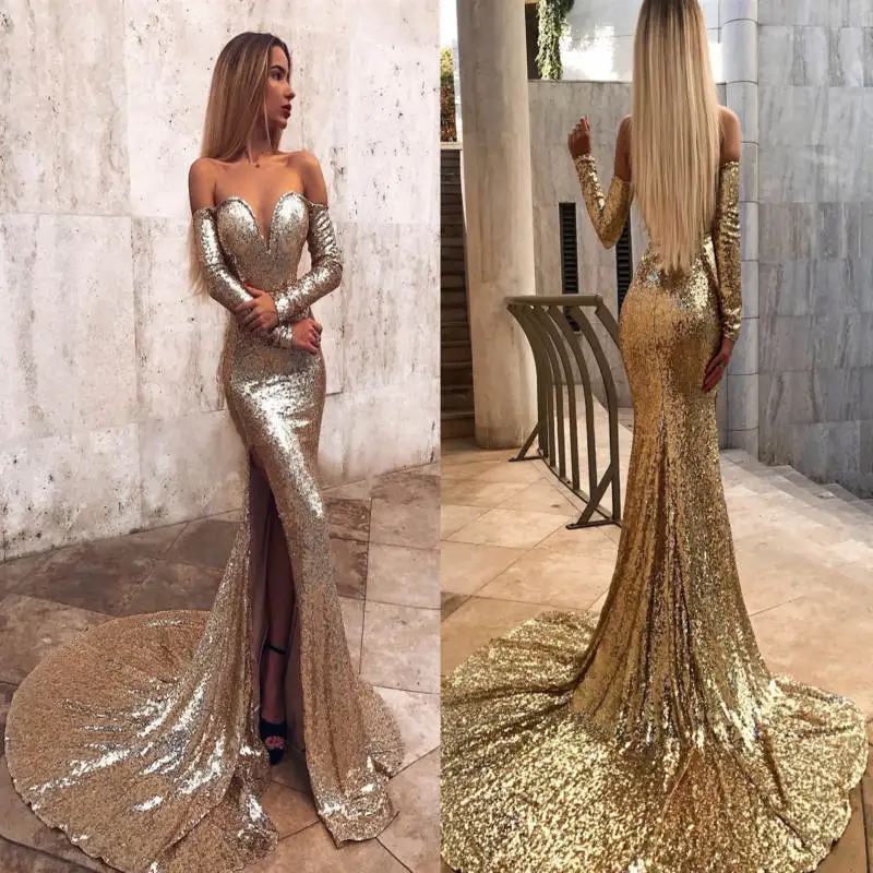 Vestido de festa 2019 милое блестящие золотистые блестки Русалка длинное вечернее платье