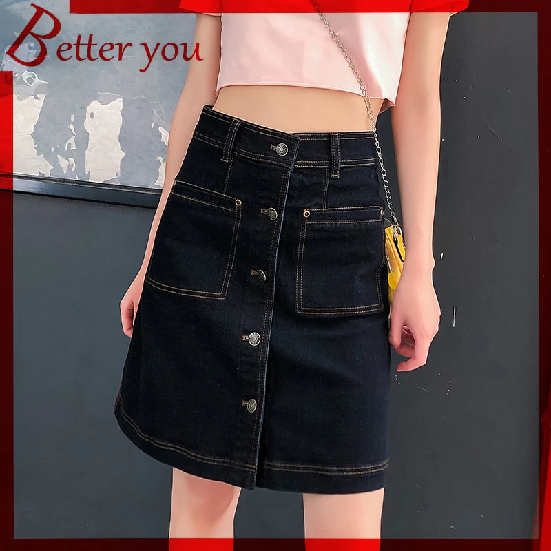 

La Bar 2019 single-breasted British short skirt high waist ladies denim skirt