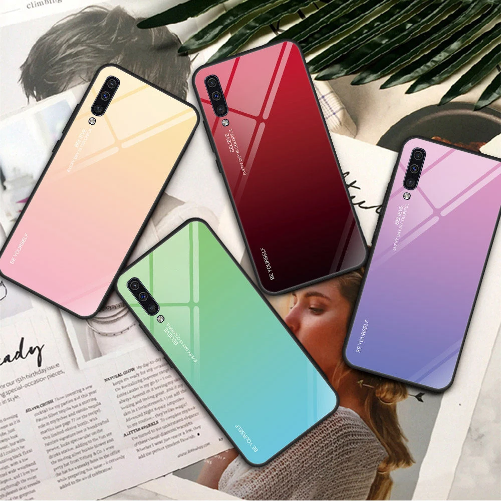 GKK чехол для Samsung Galaxy A10 A30 A50 градиентное закаленное стекло Мягкий край TPU M10 M20 M30