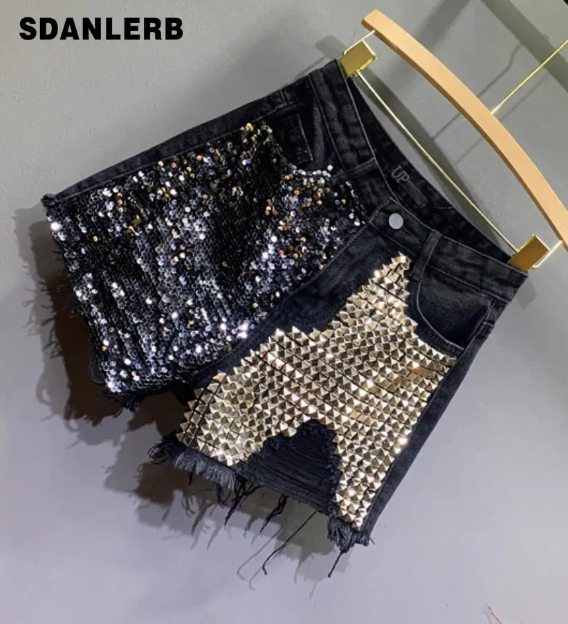 

Irregular Sequins Denim Shorts Women 2019 Summer Spring Women Hole Loose Jeans Short Plus Size 26-31