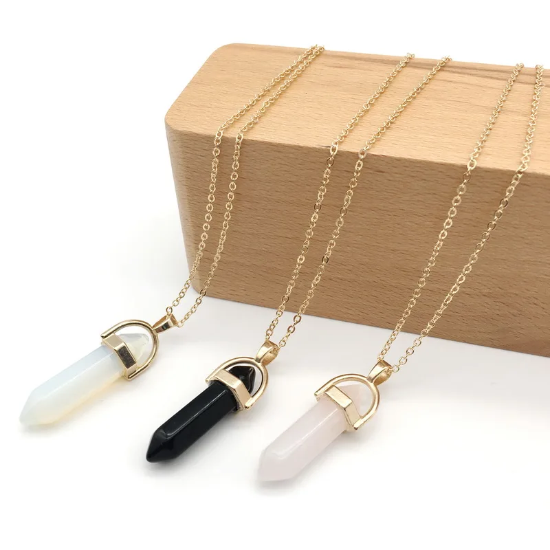 

Hot sale Hexagonal Column Quartz Necklaces Pendants Fashion Natural Stone Bullet Pink Crystal Pendant Necklace For Women Jewelry