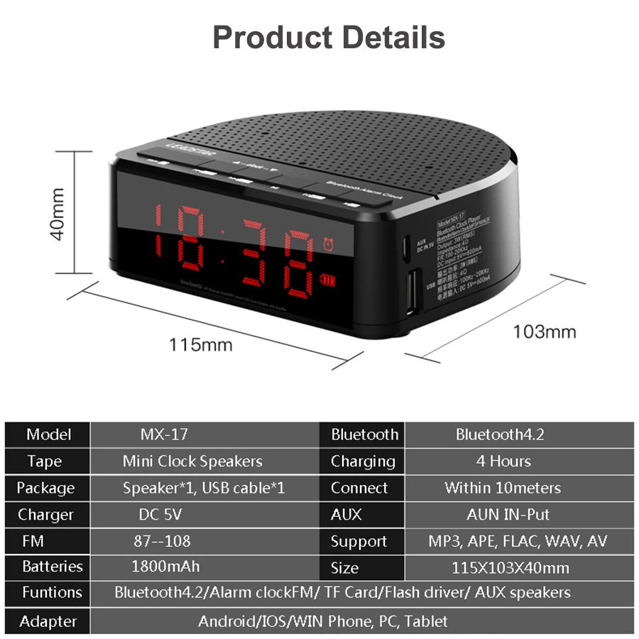 Black Tonysa Wireless Bluetooth Music Audio Speaker MP3 Player with AUX Alarm Clock FM Radio LED Display