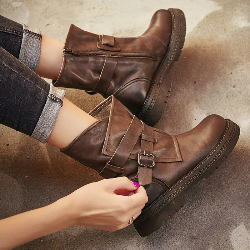 

Women Genuine Leather Martin Boots Buckle Fashion Black Winter Low Heels Shoes 2018 Leather Ankle Boots For Women Handmade Shoes