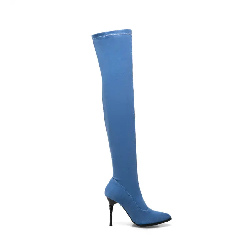 2019 Formato Della Tacchi Di 43 Ginocchio Toe Donna Sopra Modo Grande Inverno rosso Stivali Alti Il Denim Signora Poined Nemaone Blu 34 d6xTd