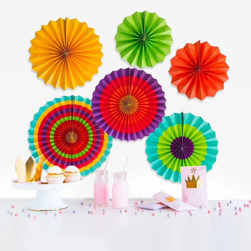 6pcs/set Thick Paper Fan Mexican Fiesta Party Paper Fan Flowers Decoration Hanging Paper Fan Backdrop DIY Party Decorations