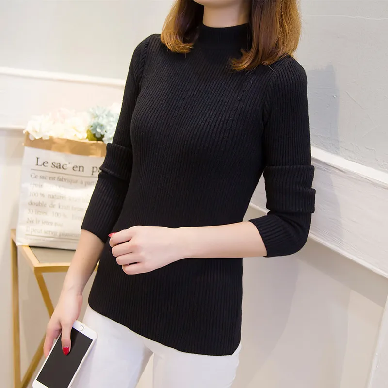 Модный осенний женский свитер пуловер с длинным рукавом полувысокий воротник джемпер тонкий очень эластичный однотонный цвет - Цвет: black