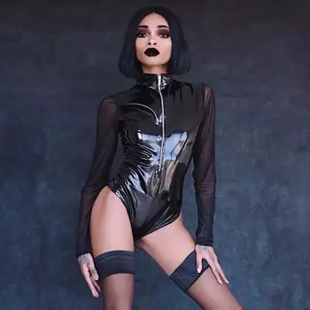 

Hot Sale Bodysuit Sexy Women Skinny Black Sexy Leather Party Bodysuit Top Quality