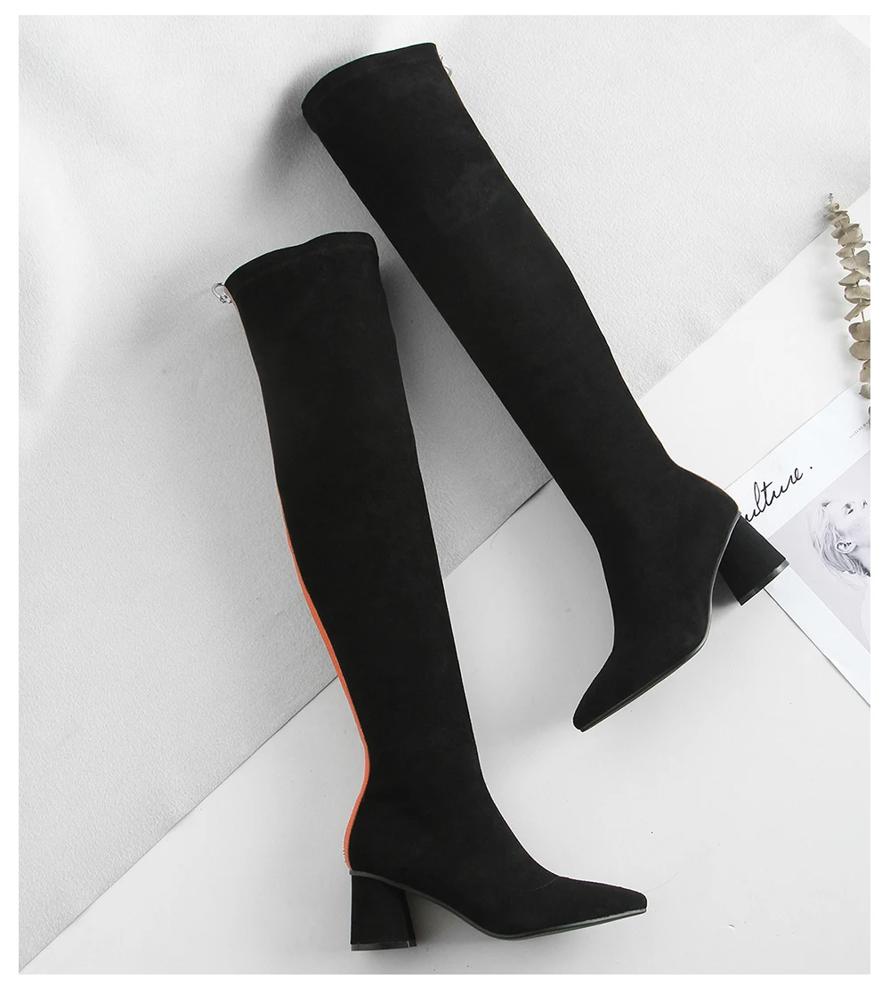 JSI Women Sexy Over The Knee High Boots Pointed Toe High Heel Flock Shoes New Fashion Square Heel Slip-On Women Boots JO272