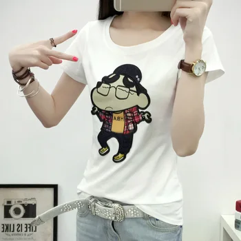 

Original Korean Spring Summer Women T-shirts Cartoon Crayon Shin-Chan Sequined Women Tops Tees Students Short Sleeve T Shirts