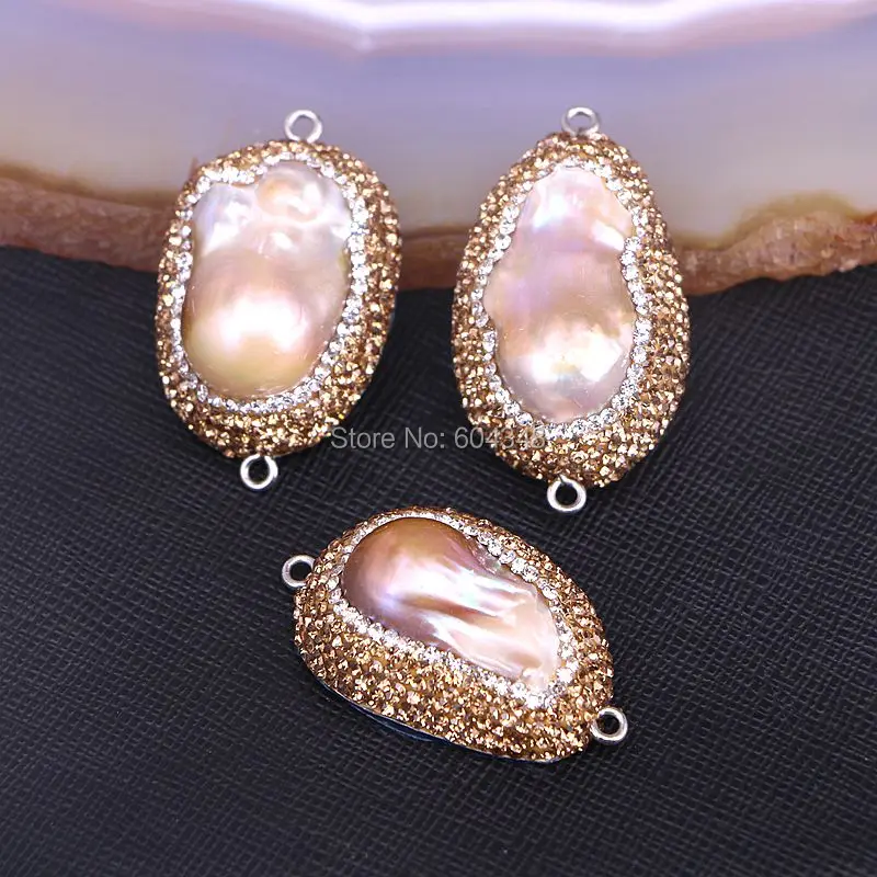 

5PCS ZYZ-6182 Nature Fresh Water Pearl Connector Beads with Gold Yellow Rhinestone Paved Pendant Charm