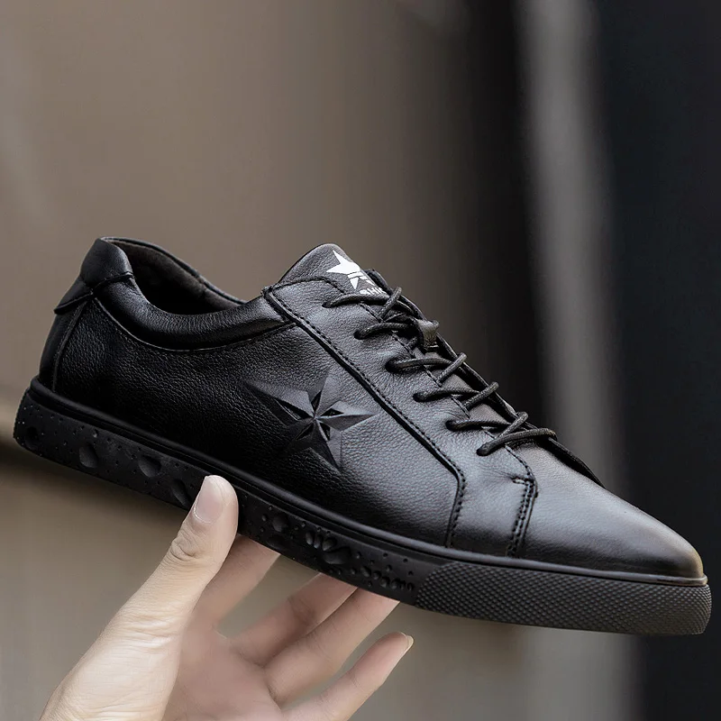 

Pure black Genuine leather sneaker for Men Summer casual shoes Breathable outdoor walking shoes light weight Rubber sole C4