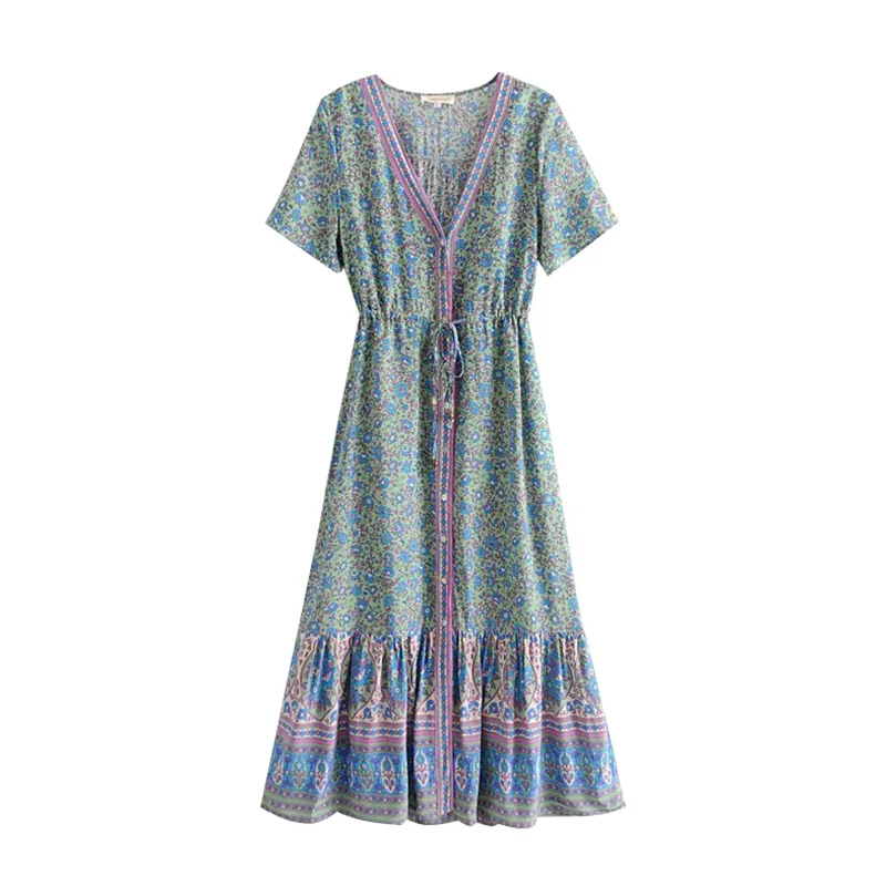 

GYPSY Boho Chic Summer Vintage Floral Print Sashes Pleated Midi Dress Women Fashion V Neck Short Sleeve Dresses Vestidos Mujer
