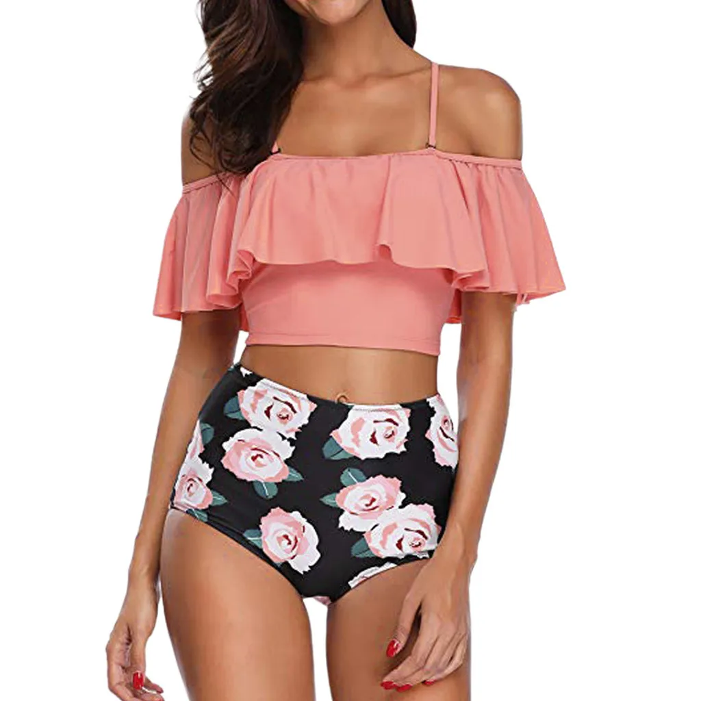 Купальник бикини Женский комплект из двух частей купальный костюм Топ Гофрированный С шорты с высокой талией комплект бикини Монокини боди бандаж