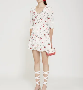 

2018 New Fruit Print White Dress Elegant V-Neck Mini Sexy Dresses