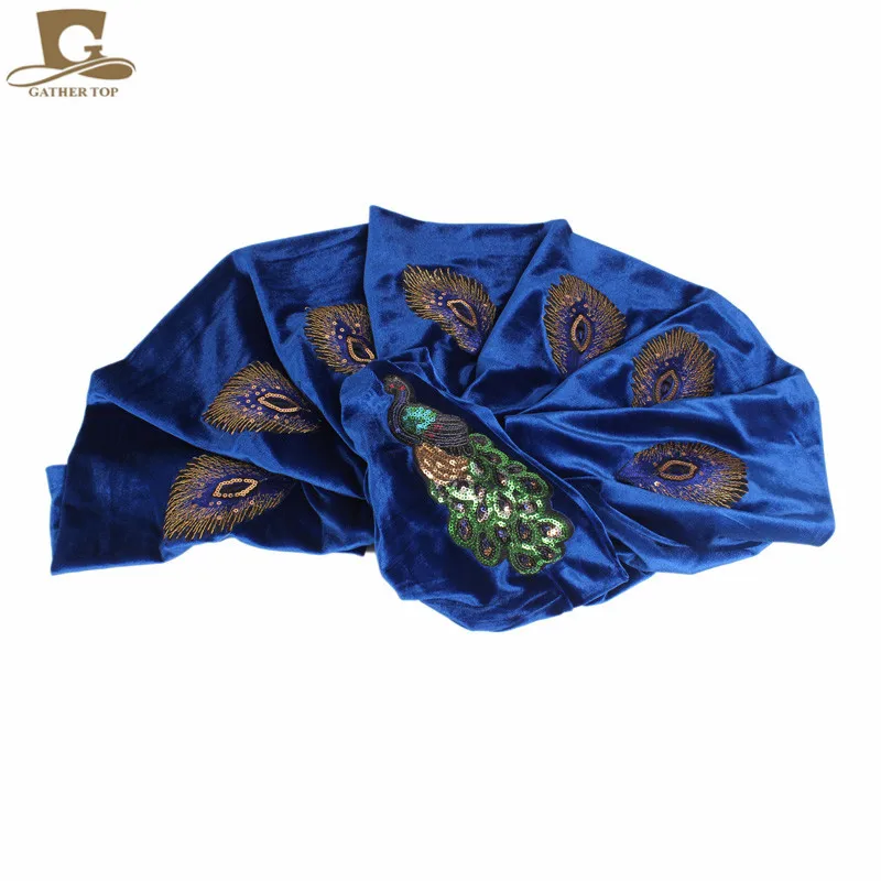 Powell Generations 激安 新しい高級女性のエレガントなスパンコール孔雀刺繍ロングベルベットタ ーバンナイジェリアターバンヘッドラップヒジャーブヘッドスカーフ Turbante 通販 価格