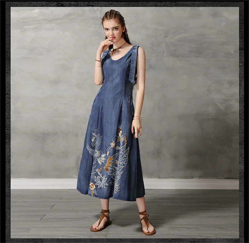 Summer Tank Dress 2019 Vintage Cotton Women's Denim Dresses O-Neck Sleeveless Woman Embroidery Swing Hem Sundress Ke82168 (14)