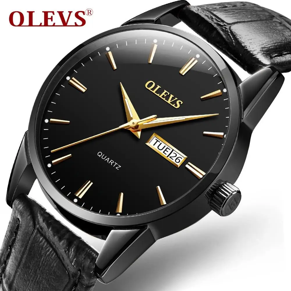 Black OLEVS для мужчин часы Элитный бренд кварцевые кожа синий золотые наручные часы водостойкий высокое качество кварцевые часы Relogio masculino - Цвет: Black