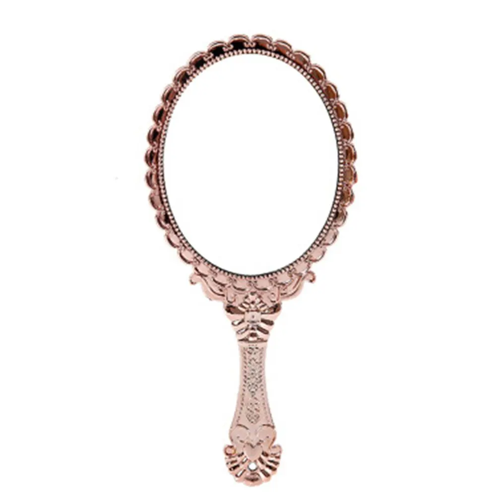 

Vintage Handhold Makeup Mirror Pink Repousse Floral Oval Round Cosmetic Hand Held Mirror With Handle For Ladies Beauty Dresser