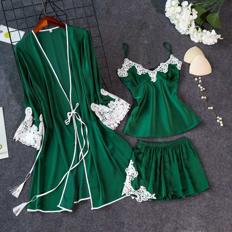 

Sexy Women Home Wear Pajamas Suit Lady Strap Top Pants Sleepwear Three Piece Nightgown Kimono Robe Bath Gown Sets Nightdress