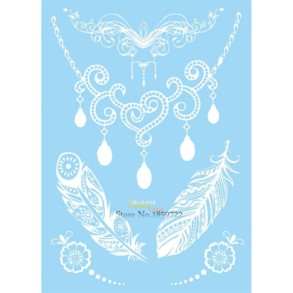

Sexy Body Art Decals White Necklace Tattoo Pendant Lace Feather Jewel Design Waterproof Henna Temporary Tattoo Sticker HM-LS1016