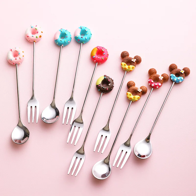 

4PCs Japan-style Cartoon Donut Coffee Spoon Fork Creative Fruit Ice Cream Dessert Tea Honey Cappuccino Stirring Scoop Tableware