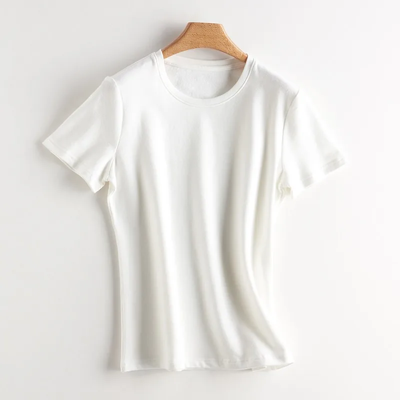 Осень-зима 95 хлопок Женская термофлисовая внутренняя футболка с круглым вырезом Толстая Базовая футболка с коротким рукавом Одежда для отдыха V-c - Цвет: O White